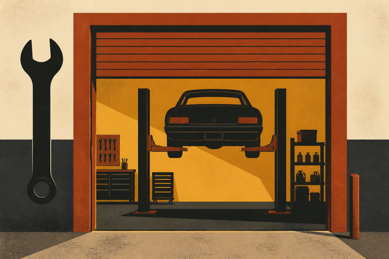 Garage bay poster: car on a lift against a mustard wall, giant wrench silhouette.
