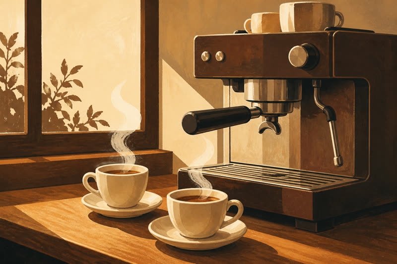 Illustration of a drawn espresso still: steam, cups, and window light.