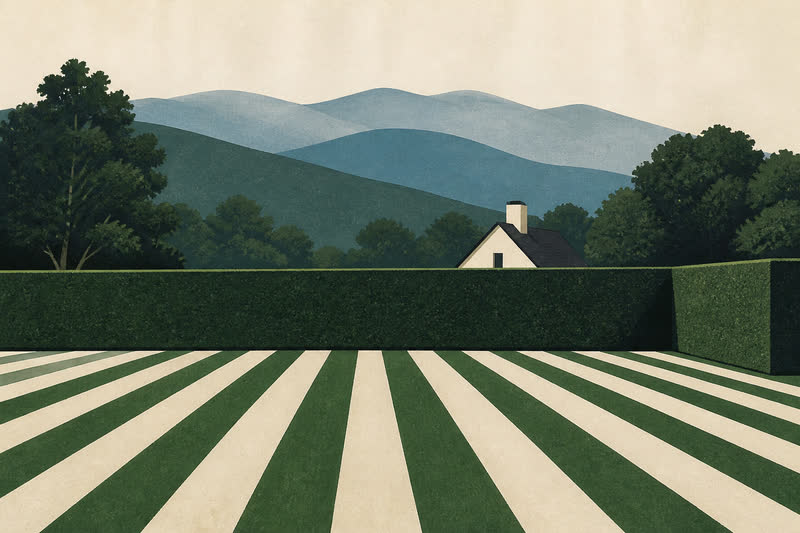 Poster illustration of a geometric striped lawn, hedge, house, and mountains.