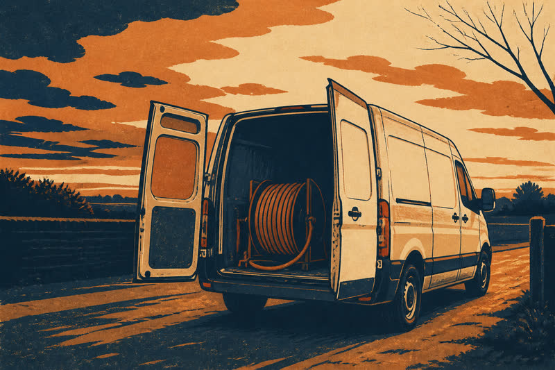 Screenprint poster of an open service van at dusk.